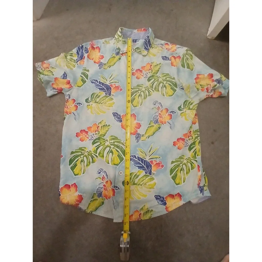 Tommy Bahama Silk Shirt Mens M Hawaiian Botanical Floral Fern Blue Button Up - Picture 3 of 8
